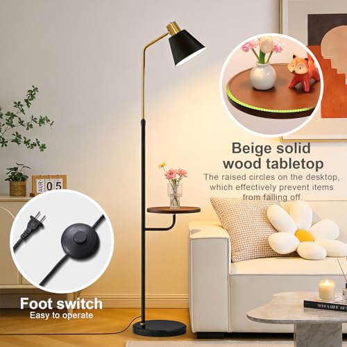 Black Floor Lamp with Walnut Side Table for Living Room Bedroom, Modern Standing Lamp 12W LED 3-Color Dimmable 3000K/4500K/6500K, Adjustable Reading Light with Shelf for Home Office Corner end - color: Black Table