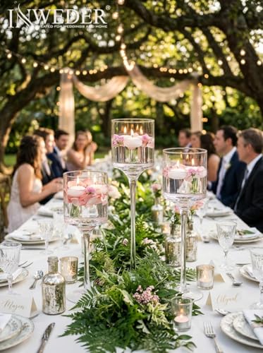 Tall Glass Candle Holder: Long Stem Floating Candle Holders for Tealight Votive and Pillar Large Clear Centerpieces for Wedding Table Party Home Set of 3