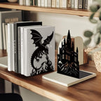 Peacoblue Metal Bookends for Shelves, Modern Decorative Heavy Duty Study Book Ends Stoppers for Office Desk Shelf Room 5.3"x4.3"x7.9" Cast Iron Bookends 1 Pair (Fire Breathing Dragon Castle) - style: Fire Breathing Dragon Castle