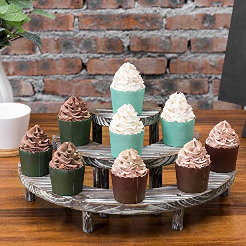 MyGift 3 Tier Rustic Dessert Stand, Torched Wood Semicircle Cupcake Display Risers - color: Torched Brown
