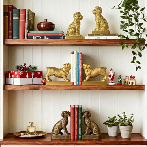 Poodle Decorative Bookends for Shelves, Dog Book Ends for Heavy Books, Toy Poodle Statues Bookends for Heavy Books with Anti-Slip Base Book Holders for Home Office Decor (Gold)