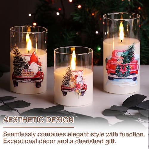 Eywamage Christmas Glass Flameless Candles with Remote, Flickering LED Pillar Candles Holiday Table Decor Gift Set of 3 - color: Red Truck