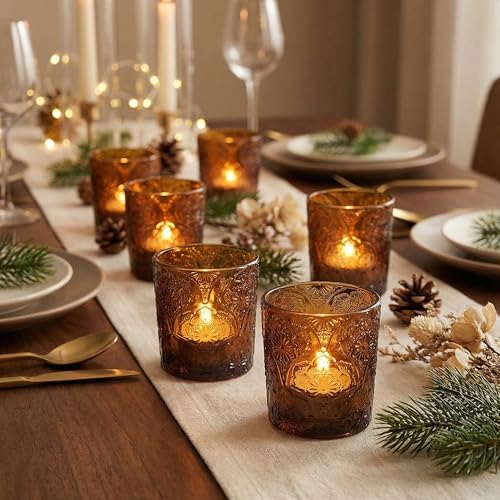 12 Pack Mandala Embossed Glass Candle Holders – Votive Tealight Holders with Patent Design, Decorative Embossed Glass Cups for Wedding Centerpieces, Parties, and Home Décor (Chestnut Brown) - color: Chestnut Brown