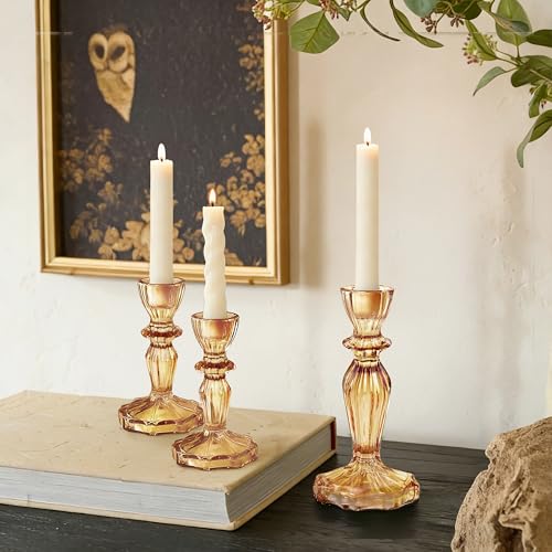 Glass Candlestick Holders Set of 3, Amber Stripe Taper Candle Holders for Table Centerpiece, Home Decorations, Wedding and Party - color: Amber