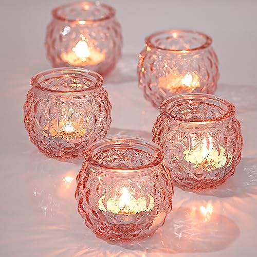 DARJEN Pink Votive Candle Holders Set of 24- Round Glass Candle Holders Bulk for Flameless LED Tea Waxes, Romantic Candle Holder for Wedding & Home Table Decor, Various Parties - color: Pink