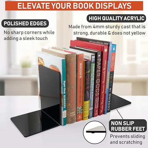 Acrylic Bookends, 2 Pairs of Black Invisible Ends for Shelves, 4mm Heavy-Duty Non-Skid Holders for DVDs, CDs, Video Games, and Books. Stoppers for Home, Office, or Library Organization (Black) - color: Black
