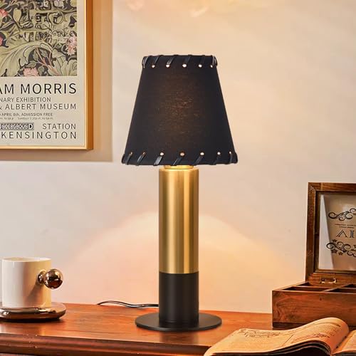Black and Gold Table Lamp, small table lamp for bedroom, Modern Mini Nightstand Lamp with Fabric Shade, Cute Desk Lamp for Small Spaces for Kitchen Counter, Bookshelf, Living Room, Kids Dorm