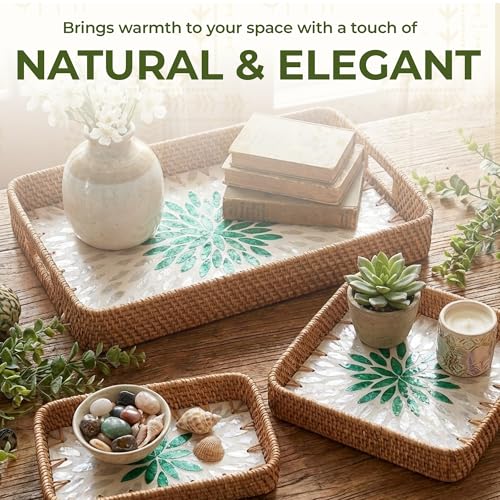 Set of 3 Rattan Serving Trays with Mother of Pearl Inlay – Handwoven Boho & Modern Farmhouse Decor for Kitchen, Bathroom, Coffee Table & Ottoman - style: Rattan Trays with Mother of Pearl Inlay