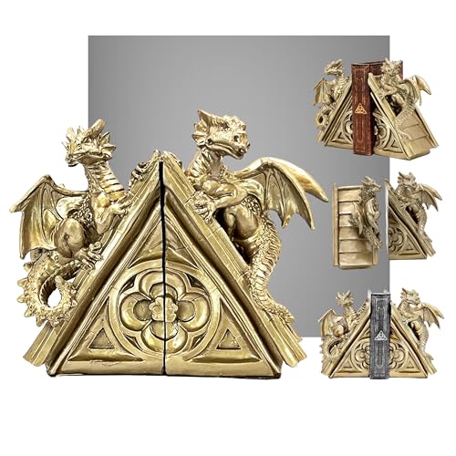 Bellaa 21503 Golden Dragon Bookends Vintage Fierce Gothic Medieval Castle Statues Sculpture Monster Book Ends Support Shelf Non Skid Heavy Duty 8 inch - color: Gold