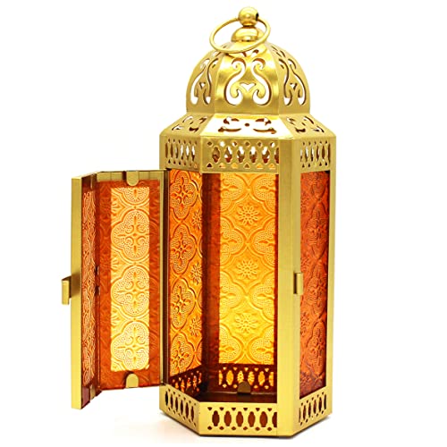 CVHOMEDECO. Decorative Candle Lantern Moroccan Lanterns Vintage Golden Metal Lantern Holder for Home Patio Outdoor Decor. Amber Glass, Medium - color: Amber G