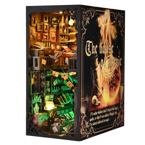 TOYQI Book Nook Kit, Book Nook Kits for Adults, DIY Miniature Dollhouse Kit 3D Wooden Puzzle Booknook Bookend with LED Light - style: MAGICIAN'S HOUSE