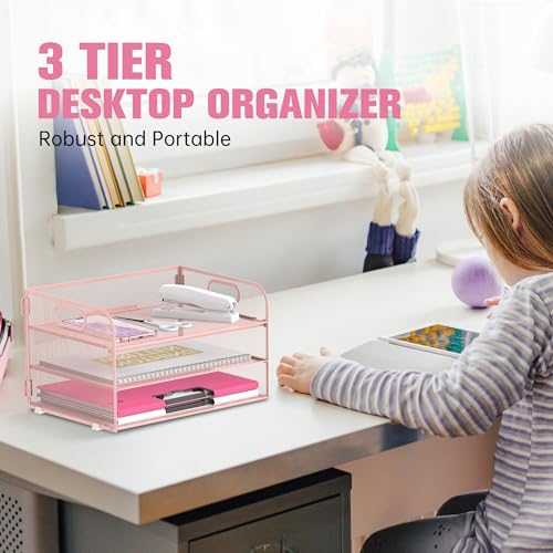 DALTACK 3 Tier Paper Organizer with Handle, Mesh Metal Desk Organizer with Sliding Paper Trays for Letter/A4 Paper, Mail, Bills & Folders, Pink - color: Pink