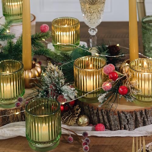 Kate Aspen Vintage Ribbed Glass Candle Holder Decor, Green Votive Candle Holders for Holiday Table Decor, Tealight Candles Holder Glass (Set of 6), Dinning & Christmas Table Decoration Tablescape - color: Green