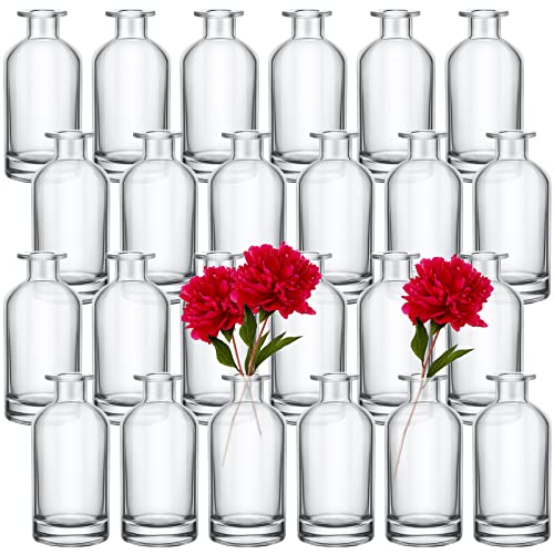 Mimorou 24 Pack Clear Glass Bud Vases Bulk Small Vintage Glass Bottles for Rustic Wedding Centerpieces, Table Decor, Flower Arrangements Mini Floral Vases for Home Party, Reception(2.36 x 5.2 in) - size: 2.36 x 5.2 In
