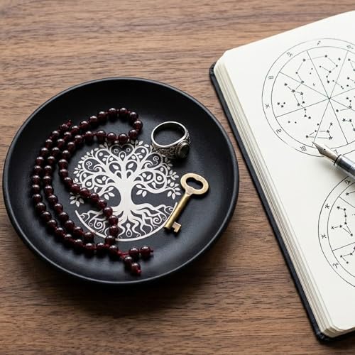 5.5inch Altar Ritual Plate Dish Stainless Steel Flat Bowl Round Metal Jewelry Tray Astrology Tarot Plate Ring Trinket Holder for Smudging Decoration Trays (Tree of Life Black) - color: Tree of Life Black