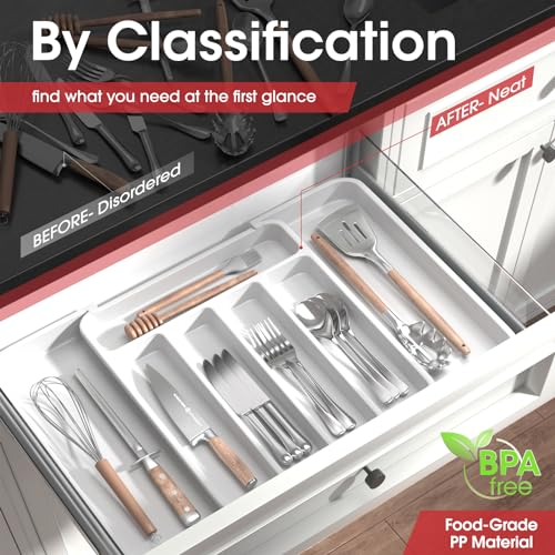 Aujen Silverware Organizer - Expandable Kitchen Drawer Organizer, Adjustable Utensil Organizer, Cutlery Tray for Forks, Knives, Multipurpose Kitchen Organizers and Storage Solution, White, Medium - color: White, size: Medium