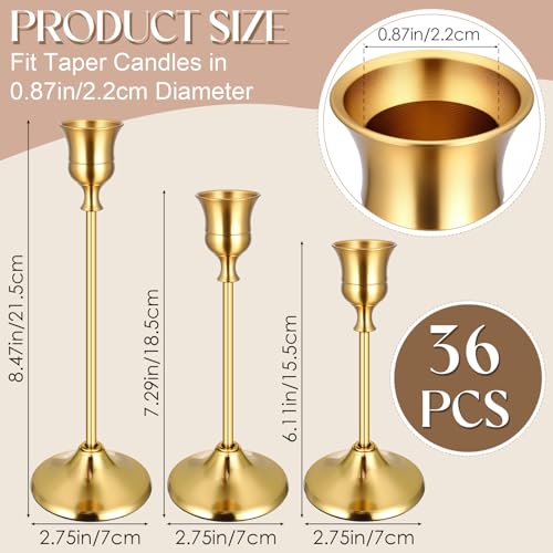 36PCS Brass Black Taper Candle Holders Set, Vintage Metal Candlestick Holders for Table Centerpiece, Wedding Reception, Festive Christmas Mantel Decoration - color: Gold - 12 Sets (36 Pcs)
