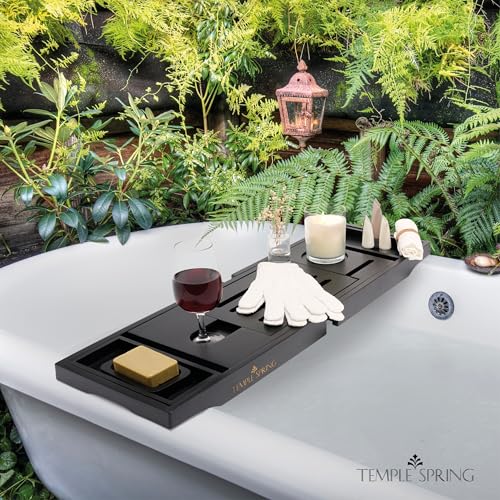 Temple Spring Bamboo Bathtub Tray Caddy for Tub — Expandable Wood Bath Tray with Solid Book Stand Wine Holder and Non-Slip Pads — Includes Bamboo Soap Dish and Spa Accessories — Luxury Bath Gift Set - color: Black