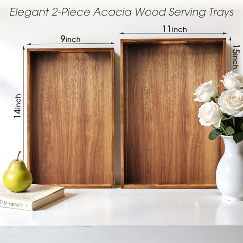 Acacia Serving Trays - 2 Pack, Acacia Wood Serving Platterss, Wood Serving Tray, Decorative Trays for Breakfast, Brunch, Dinner, Coffee Table, Party, Kitchen-M - size: 14"x9"x1.57" and 15"x11"x1.57"