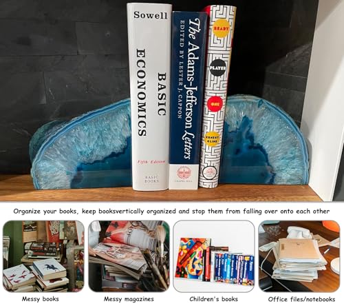 AMOYSTONE Teal Agate Geode Bookends, Unique Natural Crystal Book Holder 2-3 LBS with Rubber Bumpers, Sujetalibros for Small Books and Kitchen Cookbooks, Stylish and Functional - color: Teal, size: 2-3 Pounds