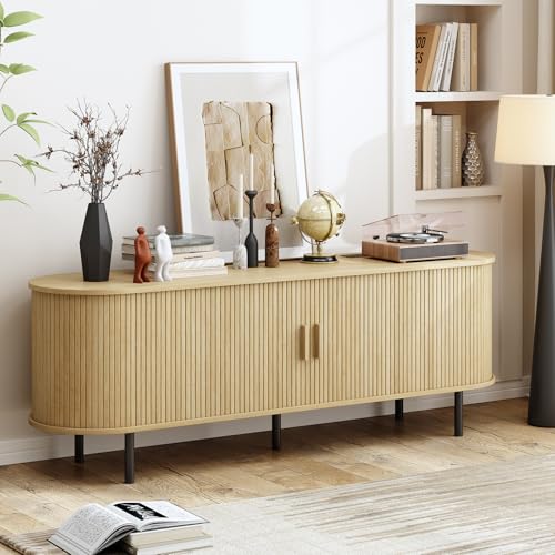 63" TV Stand with Power Outlet, Modern Media Console with Sliding Doors, Entertainment Center for TVs up to 60 Inch, Adjustable Shelves, Oak - color: Oak, size: 63 Inch