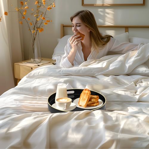 MAONAME Black Decorative Tray for Coffee Table, Modern Round Serving Tray with Handles, 13" Plastic Tea Trays for Ottoman, Bathroom Decor - color: Black, size: 13" x 13" x 1.6"