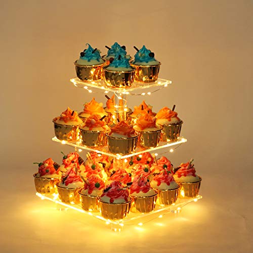 YestBuy 3 Tier Clear Square Cupcake Stand - Premium Cupcake Holder - Acrylic Cupcake Tower Display - Candy Bar Party Décor + LED Light String - Ideal for Weddings, Birthday Parties (Yellow Light) - color: Yellow, size: 3 tier