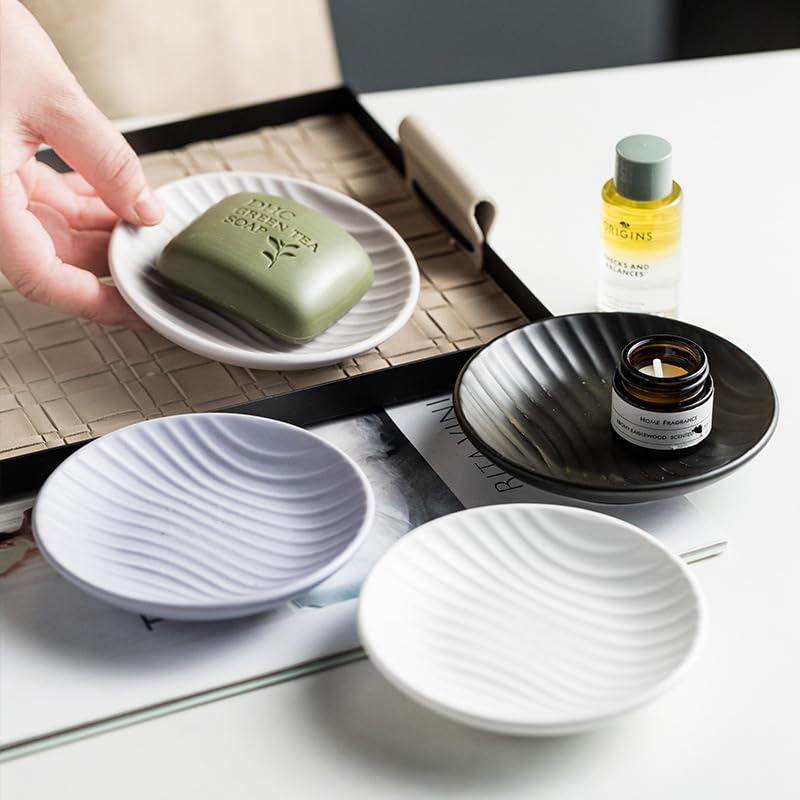 Chic Round Soap Dish, Modern Minimalist Striped Design Ceramic Tray(Oatmeal) - color: Oatmeal