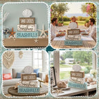 Yuntau 4 Pcs Summer Decorations for Home Shells Wooden Tabletop Decor Summer Tiered Tray Decor Rustic Wood Block Sign Gift Centerpiece Farmhouse Table for Shelf Office - style: Shells