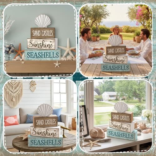 Yuntau 4 Pcs Summer Decorations for Home Shells Wooden Tabletop Decor Summer Tiered Tray Decor Rustic Wood Block Sign Gift Centerpiece Farmhouse Table for Shelf Office - style: Shells