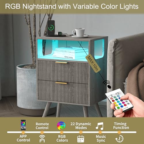 JOONEE Nightstand with Charging Station and LED Lights,Modern Bedside Table with 2 Storage Drawer and Open Wood Shelf, for Bedroom and Small Spaces,Night Stand with Solid Wood Legs,GreyOak - color: Greyoak