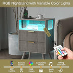 JOONEE Nightstand with Charging Station and LED Lights,Modern Bedside Table with 2 Storage Drawer and Open Wood Shelf, for Bedroom and Small Spaces,Night Stand with Solid Wood Legs,GreyOak - color: Greyoak