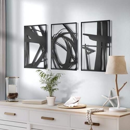 Pinetree Art Black Abstract Metal Wall Art, 3D Textured Metal Wall Sculptures, Hollow Out Design Modern Wall Decor for Living Room Bedroom Home Office (M, 16" x 24" x 3pcs) - size: L(16"x24"x3pcs)