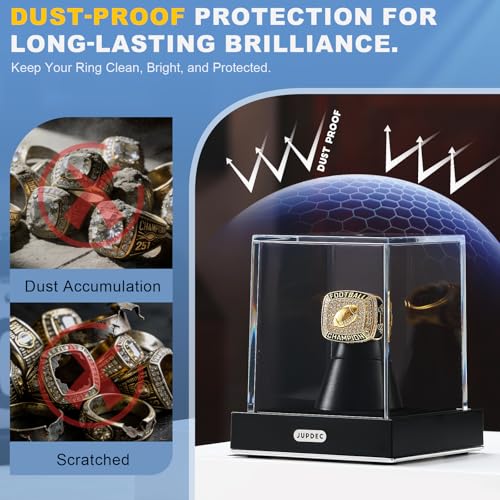 JupDec Championship Ring Display Case, Clear Acrylic Single Ring Holder with Durable Base, Dustproof Cube Showcase with Black Velvet Interior, Ideal Gift for Sports Memorabilia Fans - size: 1 Pack
