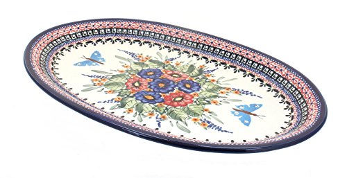 Blue Rose Polish Pottery - Red Floral Butterfly Large Oval Platter - 14" x 8.75" - Unique Platter for Dinner Parties, Very Durable & Dishwasher Safe