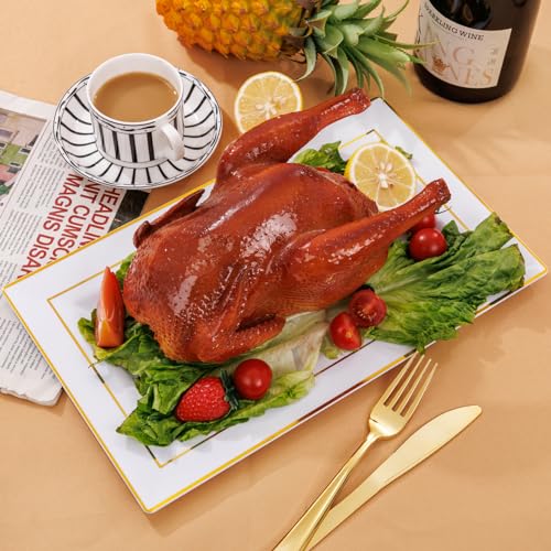 I00000 6 Pack Plastic Serving Trays, Gold Rim Disposable Serving Trays, Gold Disposable Serving Platter for Food Party Serving Platters and Plastic Trays 13.97x8.46 inches - color: White Gold