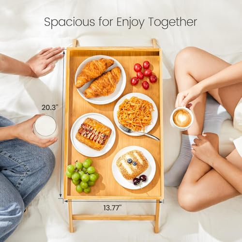 Bamboo Bed Tray Table, Large Breakfast Tray with Folding Legs, Multipurpose Serving Tray Use As Portable Laptop Snack Table, for Working, Eating, Reading by Pipishell - color: Yellow, size: 20.3" x 13.7" x 8.9"