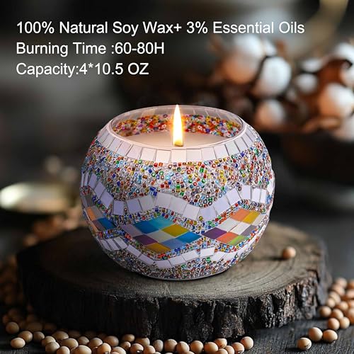 Rancco Handmade Mosaic Glass Tealight Candle Holder Set - 4 Pack with 10.5 oz Long-Lasting Soy Wax Scented Candles - Perfect Aromatherapy Gifts for Women, Moms, Birthdays, Spa Days, and Christmas - color: CC Multi-color