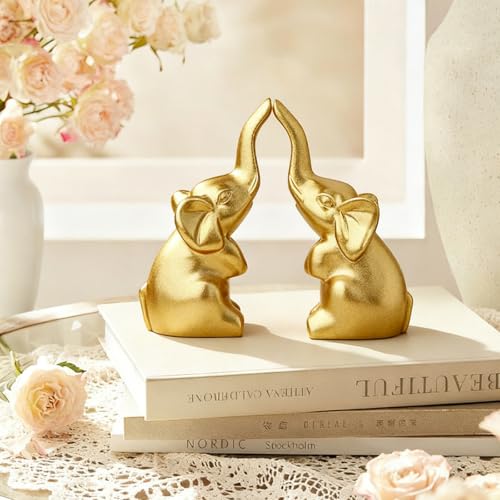 DUQGUHO Mini Gold Elephant Gifts for Women, Modern Style Small Golden Animal Statue, 2PCS Elephant Decor for Desk Shelves 3.5Inch - color: Gold