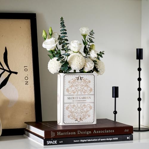 Ceramic Book-Shaped Vase for Flowers, Book Lovers Gifts Planter Pot, Aesthetic Room Decor Cute Unique Flowers Vases for Home, Bookshelf, Bookish, Bedroom & Office Decor for Women, Reader Gift (White)