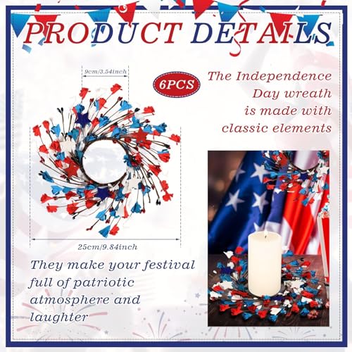 6 Pcs Mini 4th of July Candle Ring Wreaths Patriotic Red White and Blue Artificial Pillar Candle Holder Wreath for Farmhouse Independence Day Memorial Day Porch Front Door Cabinets Table Decoration - color: 4th of July