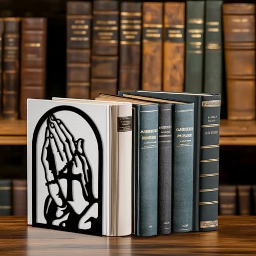 Peacoblue Metal Bookends for Shelves, Modern Decorative Heavy Duty Study Book Support Stoppers for Office, Desk, Shelf, Room 5.3"x4.3"x7.8" Cast Iron Tall Bookends, 1 Pair (Praying Hands and Cross) - style: Folded Hands and Cross