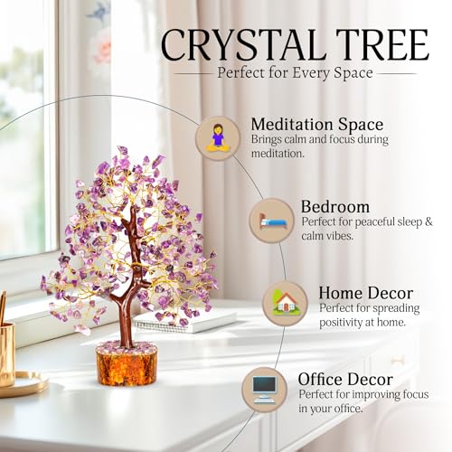 YATSKIA Amethyst Crystals Tree of Life - Stones and Crystals - Bonsai Tree - Good Luck Gifts for Women - Meditation Accessories - Chakra Stones Decor - color: Amethyst Golden Wire