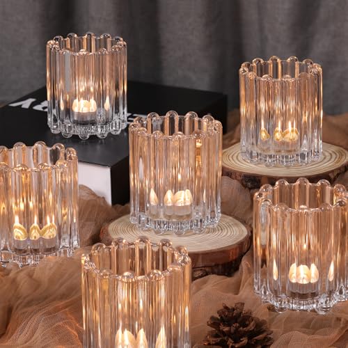 HAVITI Glass Clear Votive Candle Holder, Ribbed Votive Candle Holders Set of 12, Tealight Candle Holder for Wedding Centerpieces Dinner Party Table Decor - color: Clear