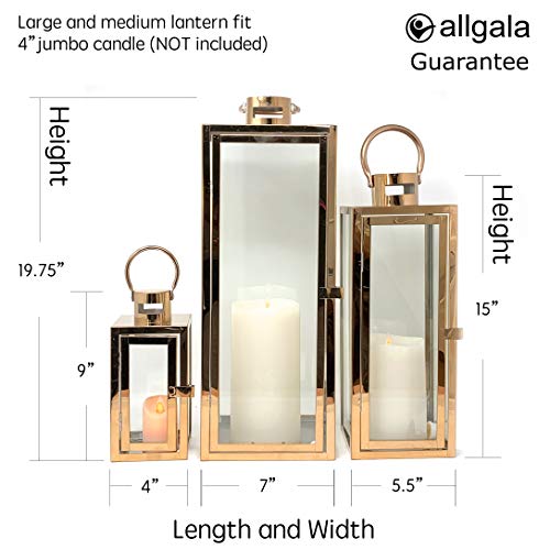 Allgala 3-PC Lantern Set 23 Inch Jumbo Deluxe Modern Indoor/Outdoor Candle Lantern Set Stainless Steel Frame Tempered Glass Rectangular Rose Gold for Garden Poolside Fireplace Wedding - color: Cuboid Rose Gold