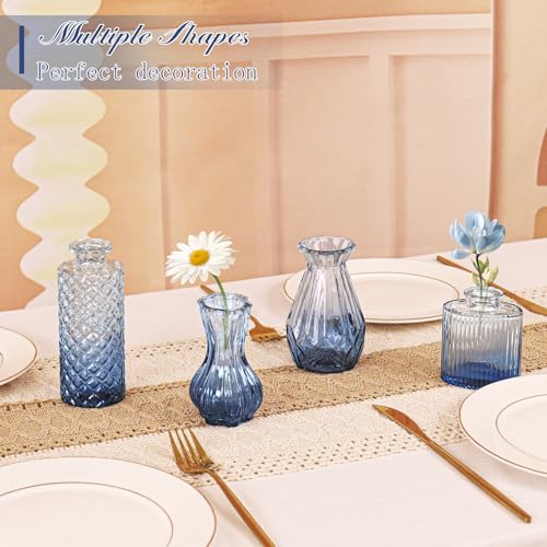 Set of 4 Glass Bud Vase Set, Small Vintage Clear Flower Vase Centerpieces for Table Bulk Cute Rustic Style Mini Vase for Home Decor Wedding Baby Shower Birthday Party(Ombre Blue) - color: Ombre Blue