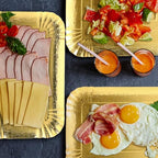 20 Pcs Gold Serving Trays and Platters Bulk Disposable Paper Rectangle Gold Party Platters Decorative Food Appetizer Foil Trays for Birthday Wedding Dessert Table Snack Cupcake, 13.8" x 9.8"