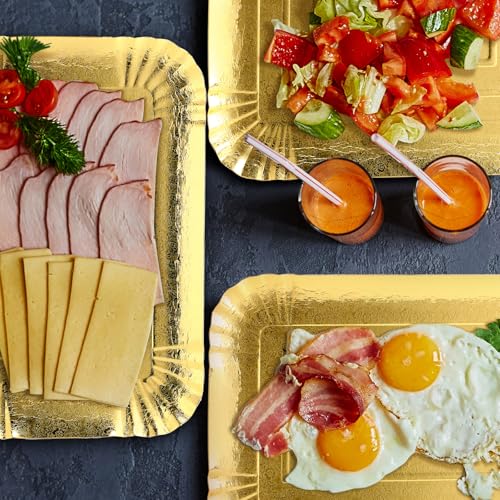 20 Pcs Gold Serving Trays and Platters Bulk Disposable Paper Rectangle Gold Party Platters Decorative Food Appetizer Foil Trays for Birthday Wedding Dessert Table Snack Cupcake, 13.8" x 9.8"