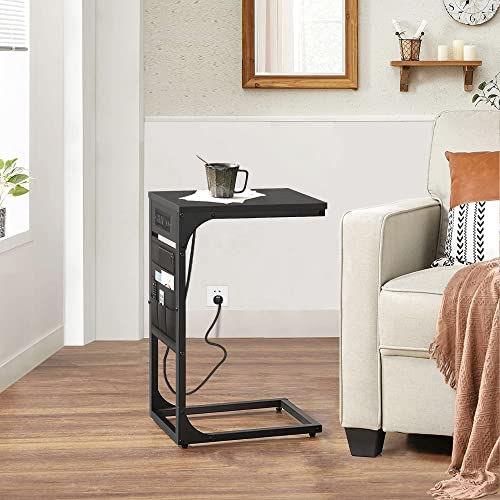 TUTOTAK C Shaped End Table with Charging Station, Side Table for Sofa and Couch with Storage, TV Tray Table with 2 USB Ports & Outlets - Black TB01BK024 - color: Black, size: 1 Pack (11.8"W), style: With Plug