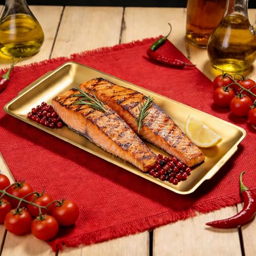 304 Stainless Steel Food Serving Tray, 12.6 Inch Rectangular Serving Tray Platters with Brushed Finish, Ideal for Kitchen Party Organizer Dining Buffet and Outdoor Events (Gold) - color: Gold 1 Pack